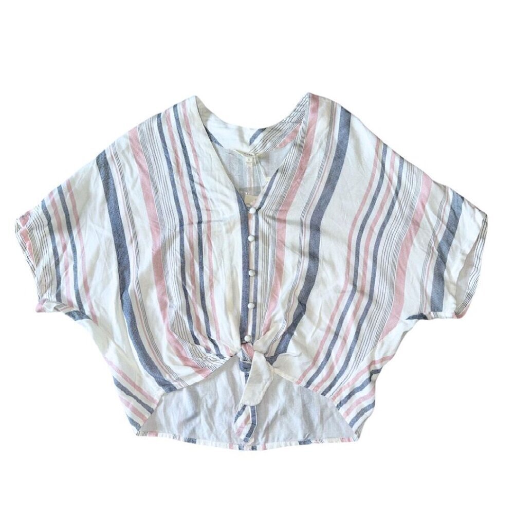Sim & Sam Vertical Striped Bat Wing Crop Top White Small
